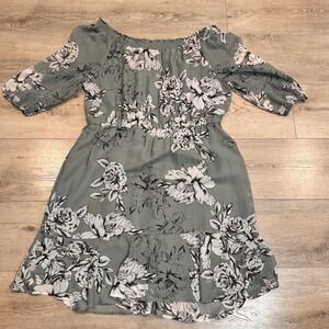 Maurices Floral Off the Shoulder‎ Mini Dress XL Sage Green 3/4 Sleeve Ruffle Hem